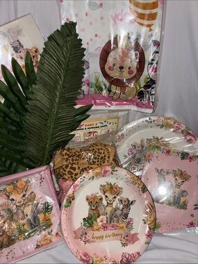 Pink Safari Animal Birthday Party Tableware Set by